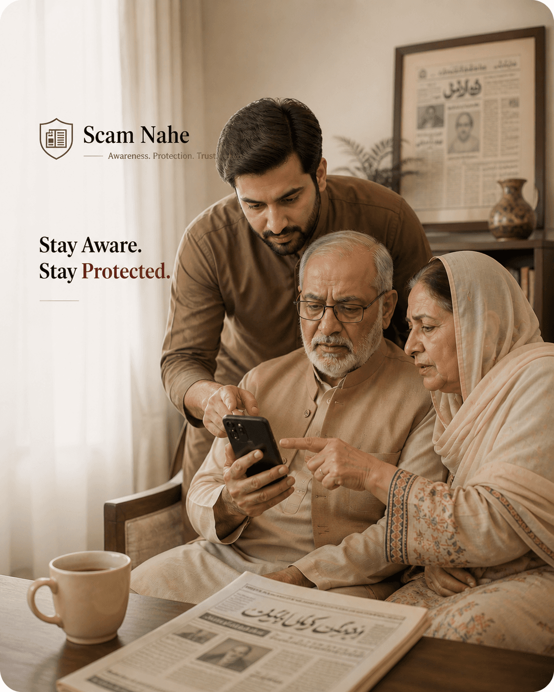 A Pakistani adult child sitting with their elderly parent, looking at a phone together.